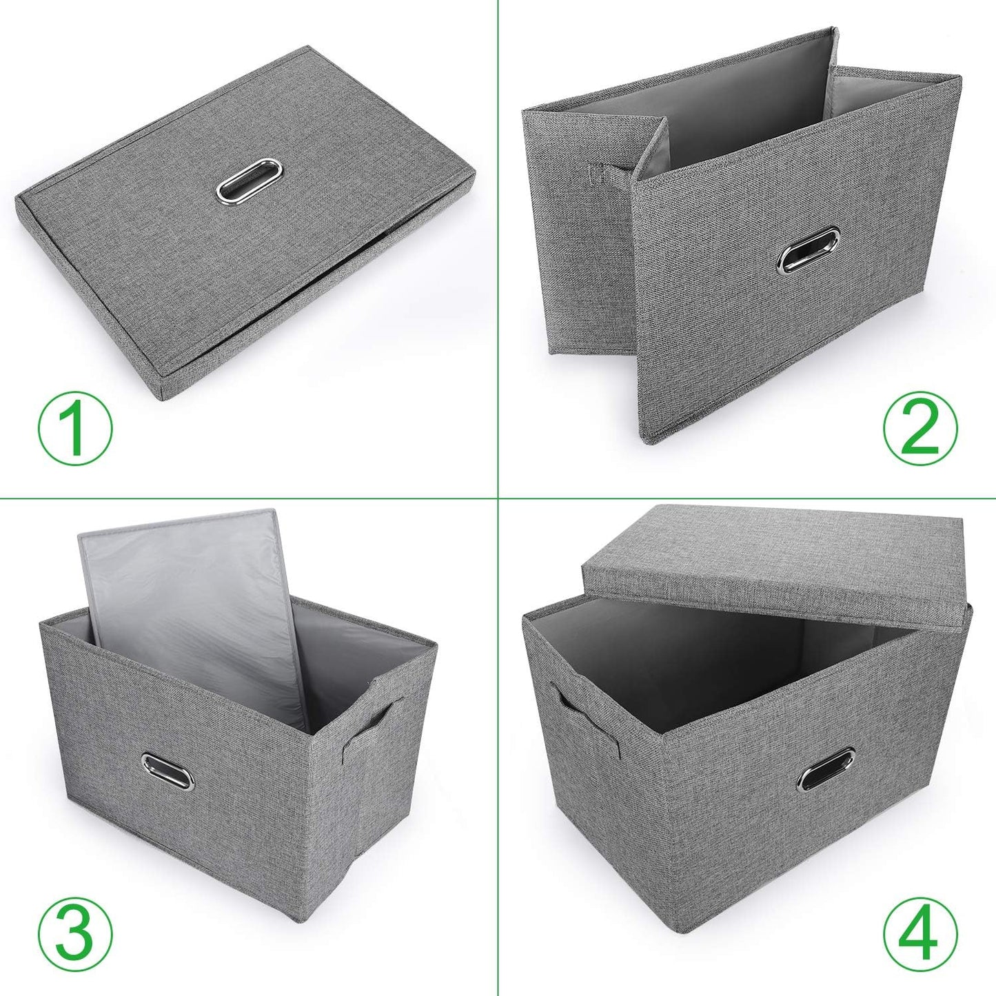Large Linen Fabric Foldable Storage Bins with Removable Lid and Handles, Washable Storage Box Organizer Containers Baskets Cube with Cover for Bedroom,Office (Green, Extra Large(2-Pack))
