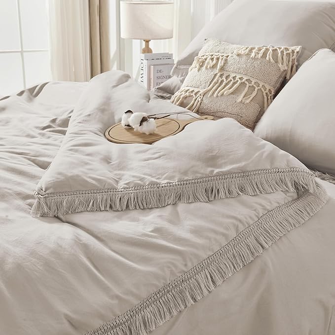 Andency Full Size Comforter Set Heather Grey -7 Pieces Boho Tassel Bed in a Bag Soft Lightweight Bedding Sets, Fringe All Season Bed Set with Comforter, Sheets, Pillowcases & Shams