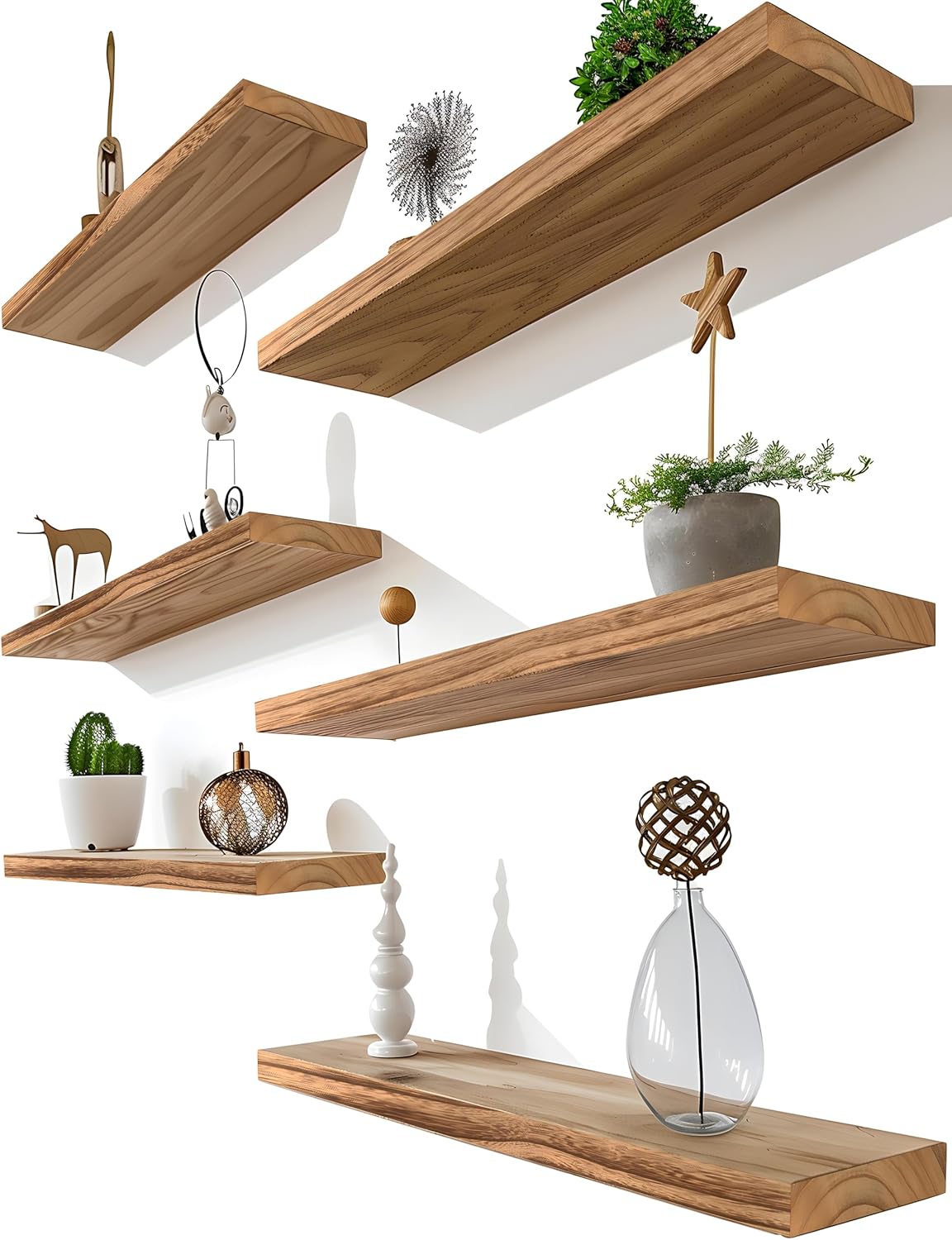 Light Wood Floating Shelves for Wall Rustic Wall Shelves for Bedroom Set of 6 - Décor Diaries