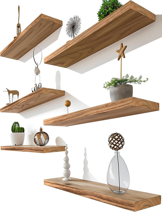 Light Wood Floating Shelves for Wall Rustic Wall Shelves for Bedroom Set of 6 - Décor Diaries