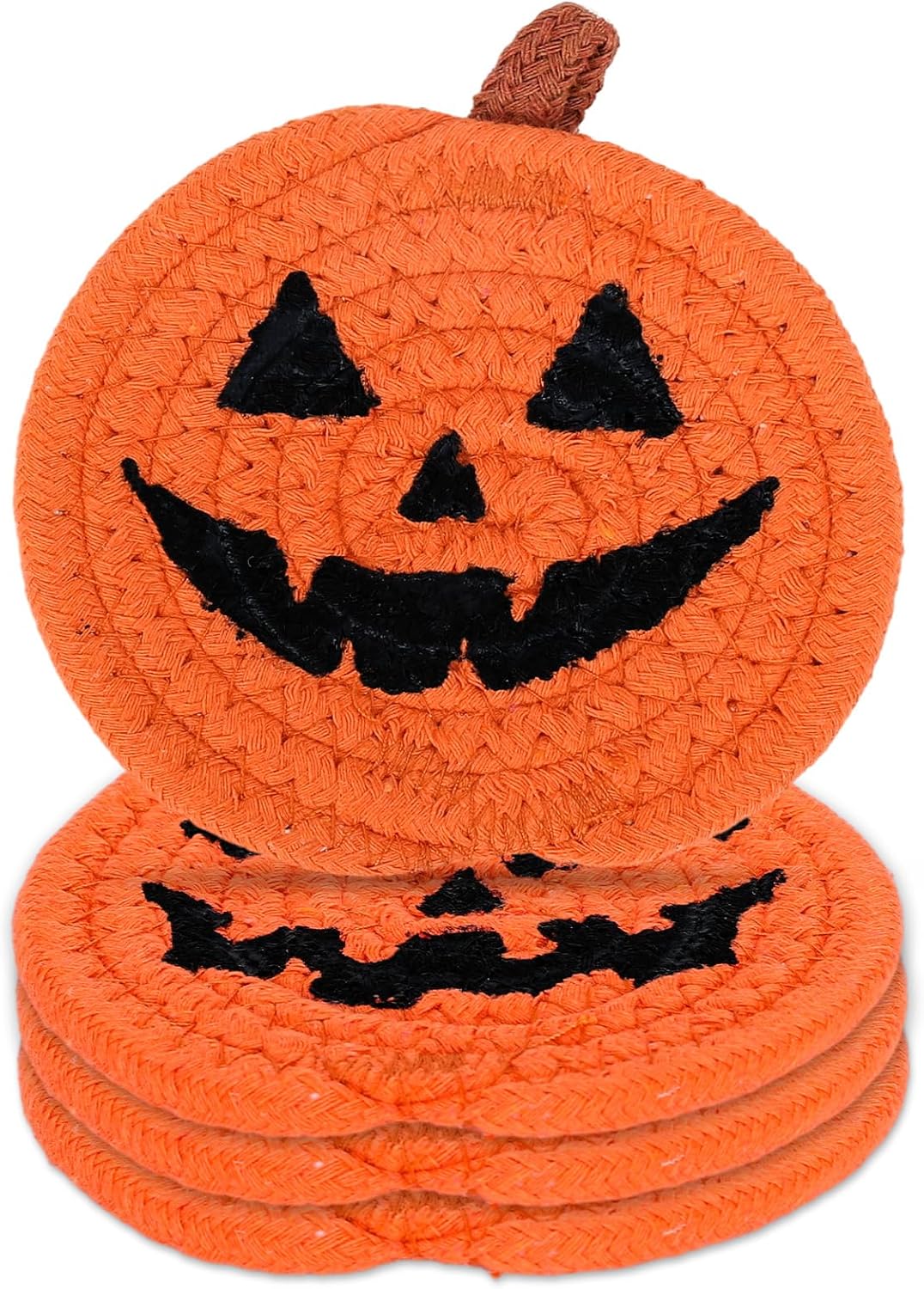 Whaline 4Pcs Halloween Pumpkin Handmade Braided Cotton Coasters Orange Black Pumpkin Shape Drink Coasters Absorbent Cup Coasters for Home Office Party Decor, 4.7 Inch