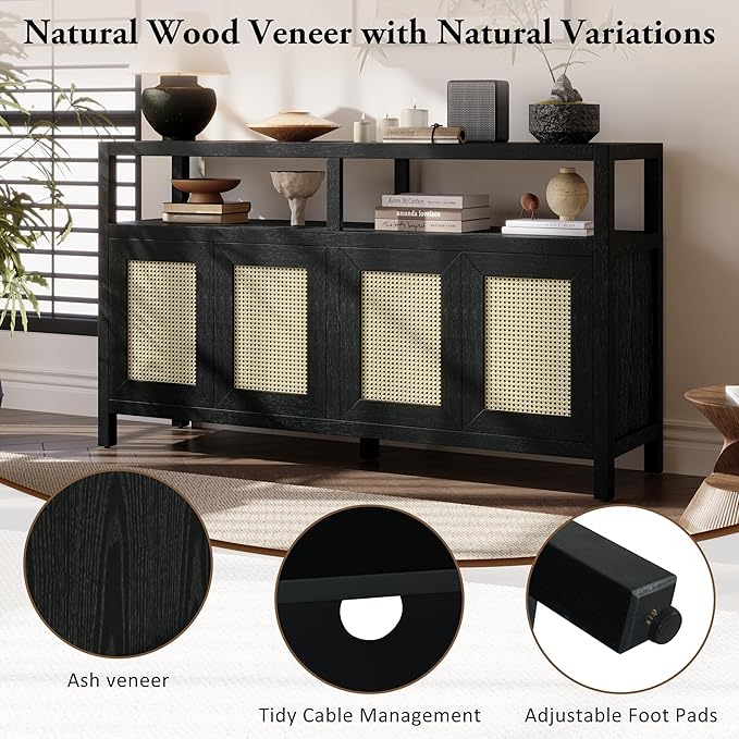 Ball & Cast 60" Rattan Buffet Sideboard Cabinet with Storage, Modern Boho Coffee Bar w/Push-to-Open Doors & Adjustable Shelves, Wood Console Cabinet for Kitchen,Livingroom & Dining Room, Black