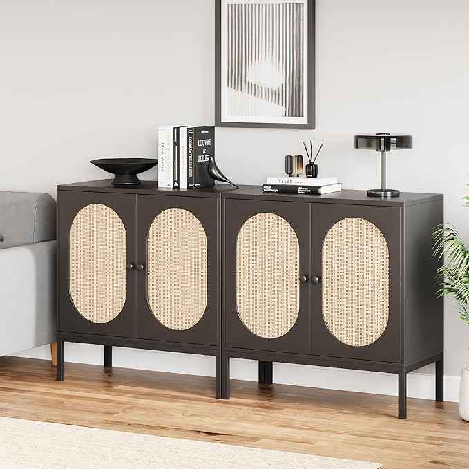 IDEALHOUSE Rattan Buffet Cabinet with Doors and Shelves, Black Console Cabinet for Living Room, Dining Room, Hallway