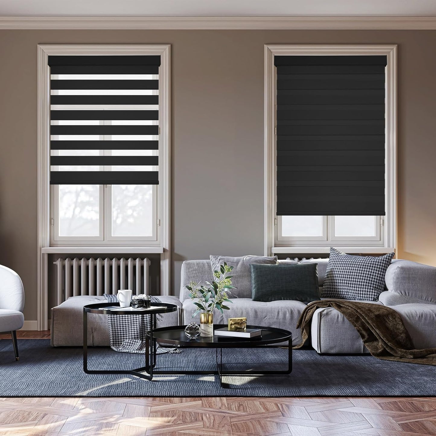 HESTIA Cordless Zebra Blinds Light Filtering Roller Shades UV Blocking Blackout Privacy Indoor Window Shades for Home Office Day and Night, Black,46" W x 54" H
