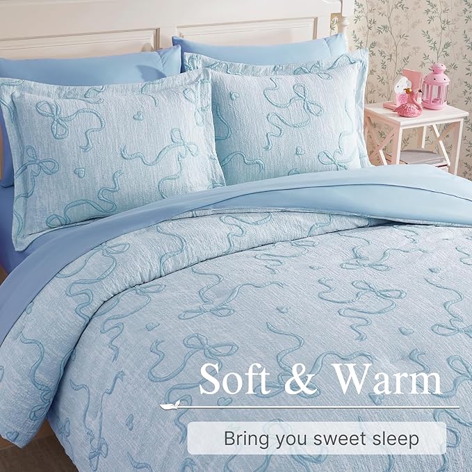 Geniospin Light Blue Twin Comforter Set for Girls- 5 Pieces Bowknot Jacquard Bed in A Bag Twin Bedding Sets with Sheets, Pillowcases & Shams, All Season Kids Comforter Set