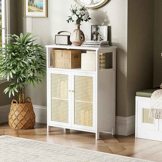 HITNET Bamboo Cabinet, Rattan Storage Cabinet with Doors, Freestanding Floor Cupboard for Bathroom, Living Room, Hallway, White