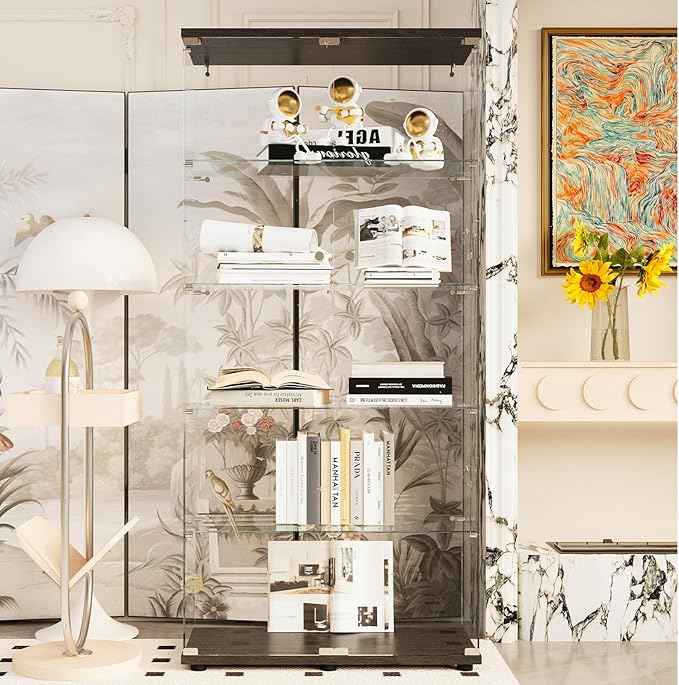 Beauty4U Glass Display Cabinet with 5 Shelves Double Door, Curio Cabinets for Living Room, Bedroom, Office, Black Floor Standing Glass Bookshelf, Quick Installation