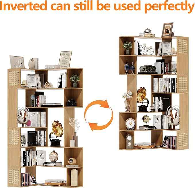 Corner Shelf,7-Tier Corner Bookshelf,Farmhouse L Shaped Shelves Etagere Bookcase, Large L Shaped Bookshelf with Vine Woven Open Storage Cabinet for Home Office (Large,Log Color)