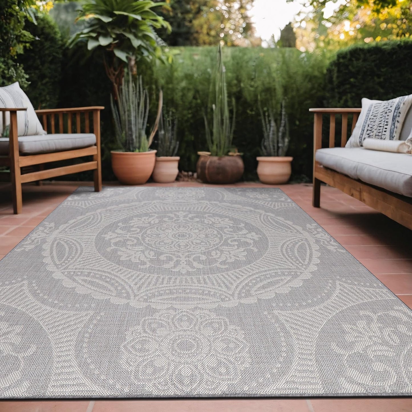 Medallion Outdoor Rug 5x7 Washable Outside Carpet for Indoor Patio Porch Waterproof Easy Cleaning Non Shedding Area Rugs Gray 5 x 7