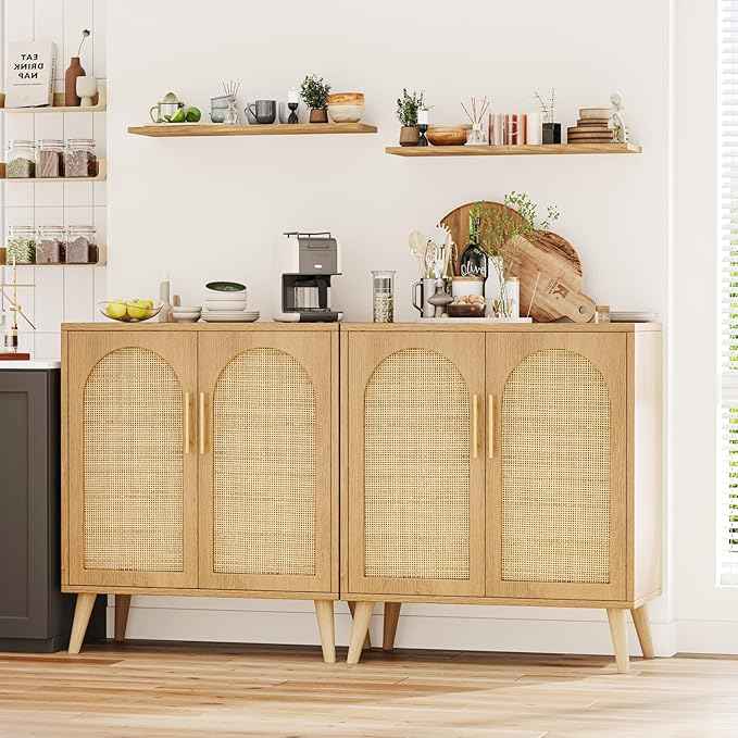Rovaurx Set of 2 Rattan Storage Cabinet with Doors, Accent Bathroom Floor Cabinet, Modern Sideboard Buffet for Living Room, Entryway, Dining Room and Kitchen, Natural BMGZ108M02 | Set of 2, with Doors