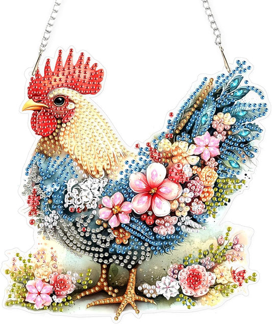 Lxmsja DIY Chicken Flowers Diamond Painting Hanging Ornament, Double-Sided Acrylic Sceney Diamond Art Kit, Special Shaped Drill Pendant Window Art Kit, Suncatcher Hanging Craft Decoration 8x7 inch