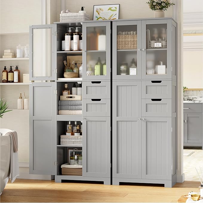 67'' Tall Bathroom Storage Cabinet, Kitchen Pantry Cabinet with Glass Doors and Adjustable Shelves, Kitchen Cupboard with 2 Drawers for Bathroom, Dining Room, Grey