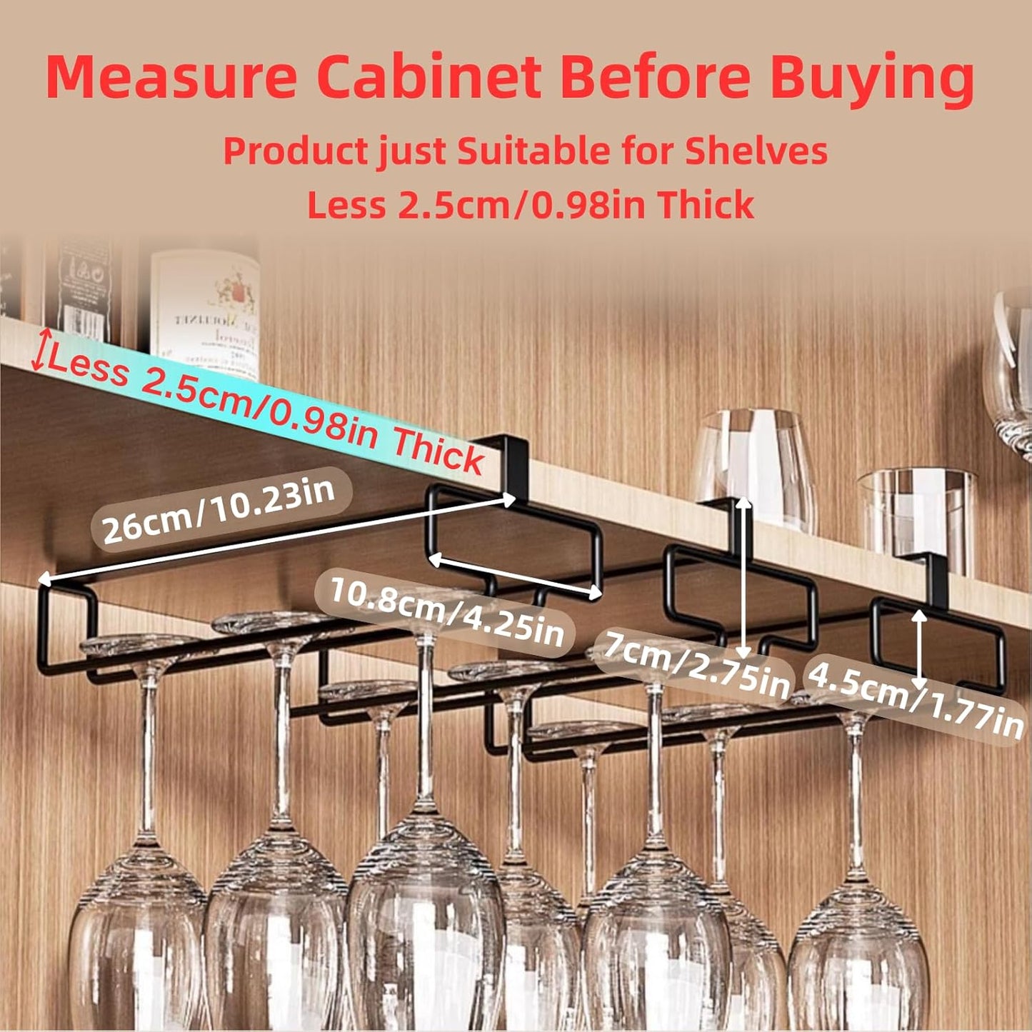 LINFIDITE Wine Glass Holder 2PCS Stemware Rack Hanger Under Cabinet Wine Glass Rack Kitchen Hanging Storage Rack Organizer,Black