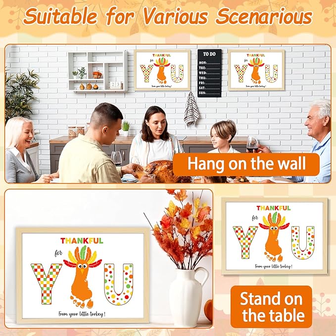 Thanksgiving Turkey Footprint Art Craft DIY Kit Polka Dots Fall Thanksgiving Gifts Thankful for You Little Turkey Footprint Keepsake with Wood Frame for Mom Dad Friend Holiday Activities 12x16 Inch