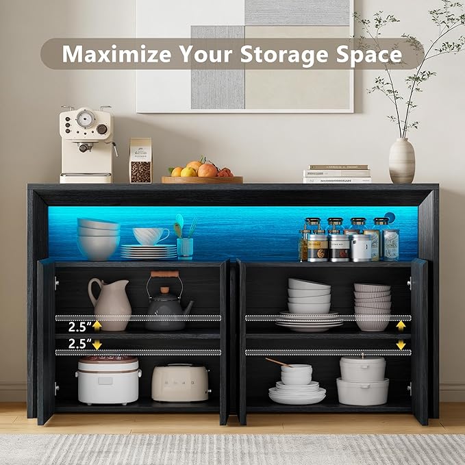 Feonase Buffet Cabinet with Storage & Led Lights, 66.2" Modern Sideboard Cabinet with 4 Doors & Shelves, Fluted Media Console Mid Century, Coffee Bar Table for Dining Room Kitchen, Dark Grey