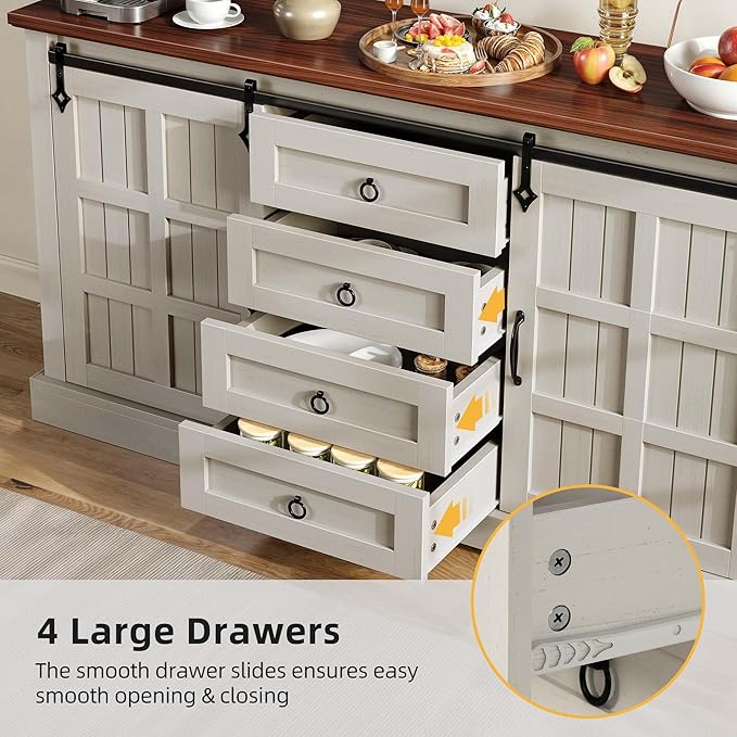 DWVO 59" Sideboard Buffet Cabinet with Storage, Kitchen Storage Cabinet with Sliding Barn Doors and 4 Drawers for Living Room/Kitchen, White Oak