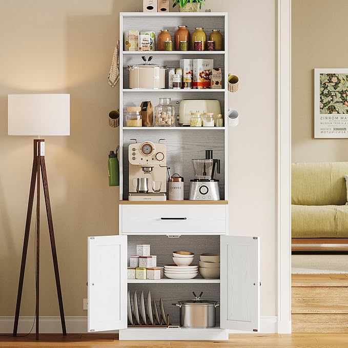 IRONCK Bakers Rack Microwave Stand with Customizable Pegboard and Storage, 71" Farmhouse Coffee Bar Cabinet with Drawer, Barn Doors, Adjustable Shelves for Kitchen, Dining Room, 23.6" White