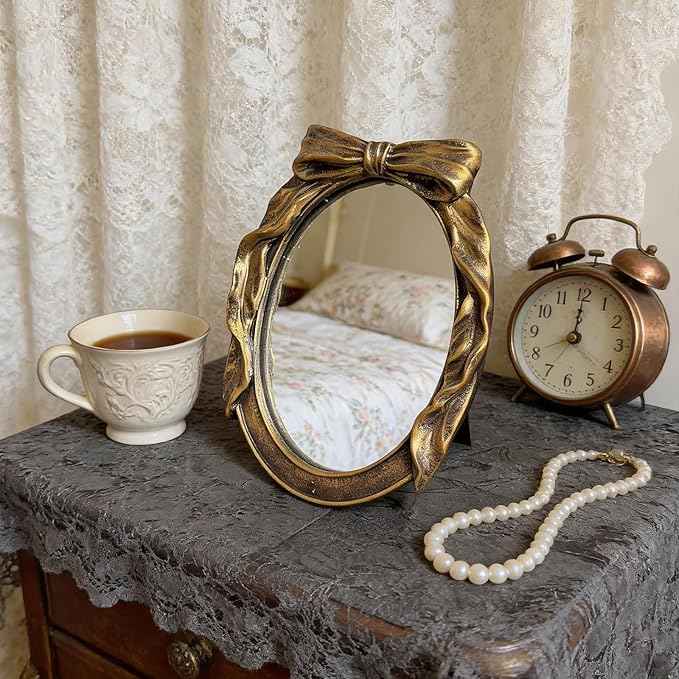 Vintage Round Vanity Desk Mirror - 8x6Inch Elliptical Tabletop Decorative Ornate Gold Accent Retro Makeup Mirror for Bedroom Dresser Living Room Bathroom Dorm Champagne Gold