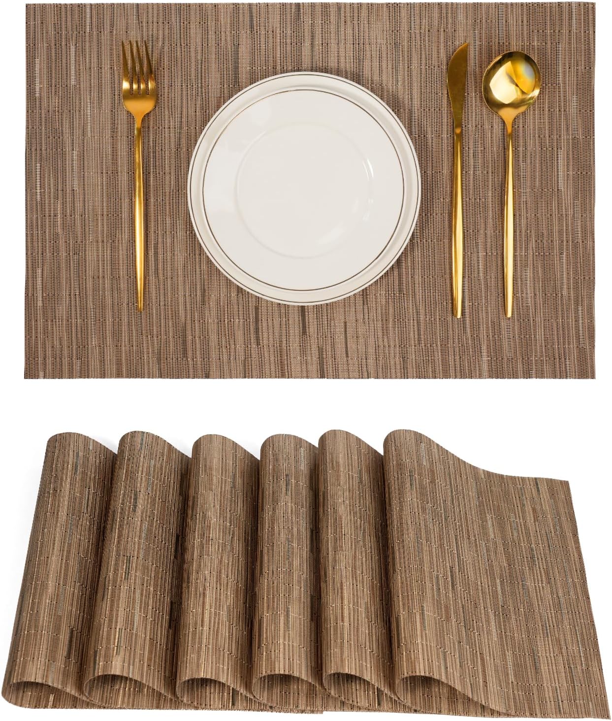 Placemats Set of 6，Non-Slip PVC Weave Table Mats Easy to Clean，Heat Resistant Place Mats for Kitchen Dining Table Decoration Indoor Outdoor，Light Brown