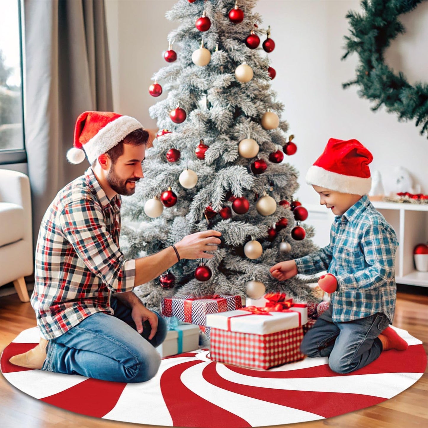 48" Large Christmas Tree Skirt, Red and White Peppermint Candy Round Pattern Tree Mat Base Cover for Xmas Festive Holiday Party Decoration Ornaments