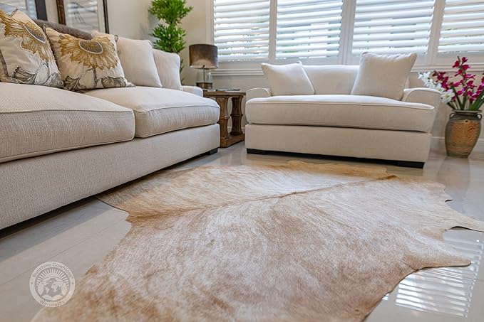 Sunshine Cowhides 100% Genuine Exotic Beige Palomino Cowhide Rug - Modern Style Animal Skin Rug & Floor Carpet for Living Room, Bedroom, Kitchen & More - Extra Large (6x7-8 Ft.)