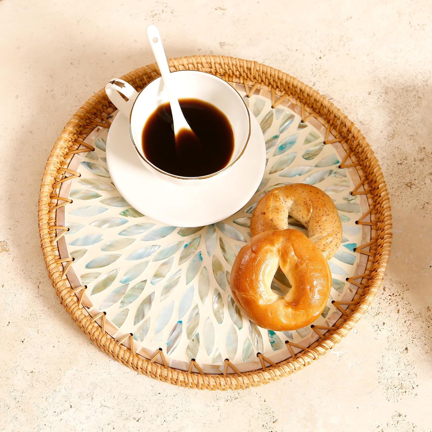 Round Rattan Tray with Mother of Pearl Inlay & Wooden Base - Decorative Wicker Serving Tray for Coffee/Bread/Fruits, Food Storage & Display - Multipurpose Home Decor (M,Colorful Leaves)