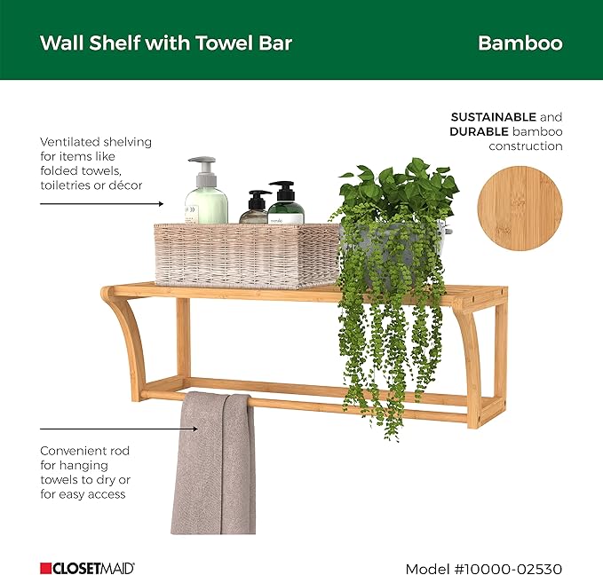 ClosetMaid Bamboo Wall Shelf with Towel Bar, Wall Mount Storage Shelves, Organizer Rack, Natural Finish