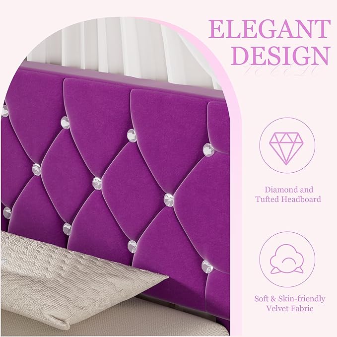 VECELO Twin Size Bed Frame, Upholstered Platform with Adjustable Diamond Tufted Headboard, Wood Slat Support, No Box Spring Needed, Purple