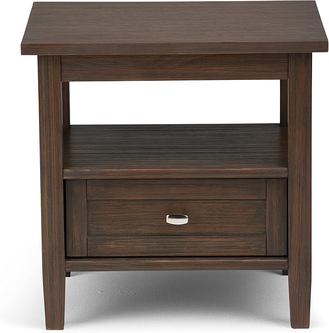SIMPLIHOME Warm Shaker End Table - 20 inch Wide Solid Wood Side Table in Farmhouse Brown, Transitional Accent Table for Living Room or Bedroom with Drawer, Open Shelf and Square Tapered Legs