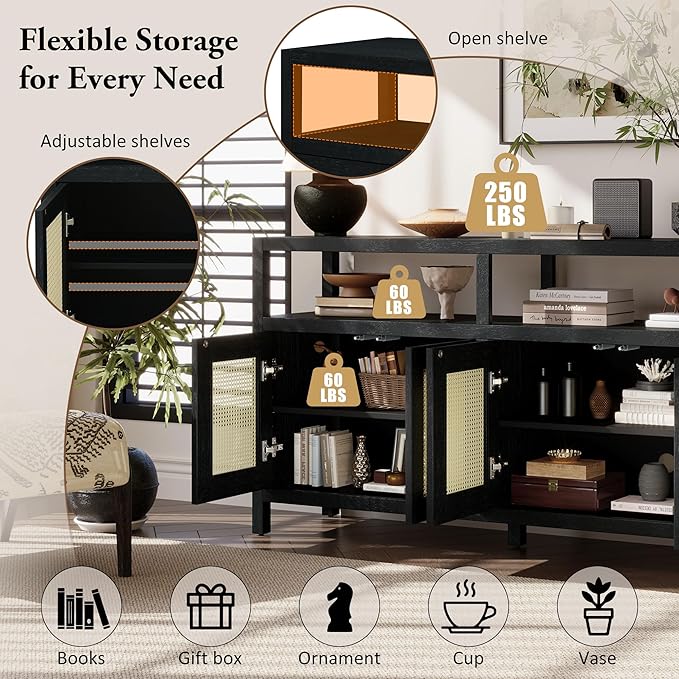 Ball & Cast 60" Rattan Buffet Sideboard Cabinet with Storage, Modern Boho Coffee Bar w/Push-to-Open Doors & Adjustable Shelves, Wood Console Cabinet for Kitchen,Livingroom & Dining Room, Black