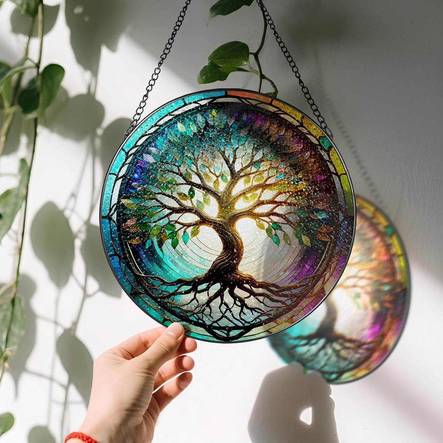 Stained Glass Window Hanging, LAOWEIKI 8'' Tree of Life Suncatcher, Stained Glass Ornament, Suncatchers for Windows Hanging, Window Decor, Outdoor or Indoor, Gifts for Mom, Grandma, Wife, Family
