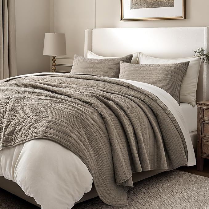 EVERGRACEHOME 100% Cotton Modern Lines Quilt Set Queen Size, Pre-Washed Soft Striped Coverlet Bedspread, 3 Piece Lightweight Bedding Set for All Season, with 2 Pillow Shams, Stone Taupe