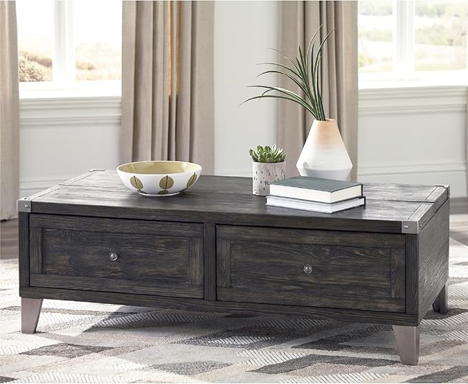 Signature Design by Ashley Todoe Industrial Spring-Lift Top Coffee Table, 2 Storage Drawers, Metal Legs, Wood, 54.38" W x 28.5" D x 18.25" H, Dark Gray & Weathered Pine Finish