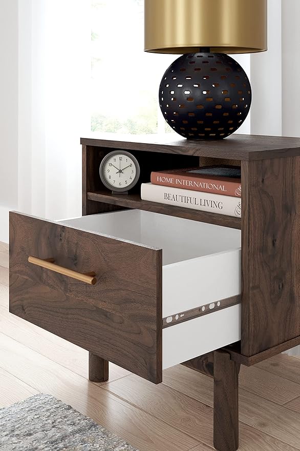 Signature Design by Ashley Calverson Modern 1 Drawer Nightstand with Open Cubby, 21.18" Tall, Dark Brown