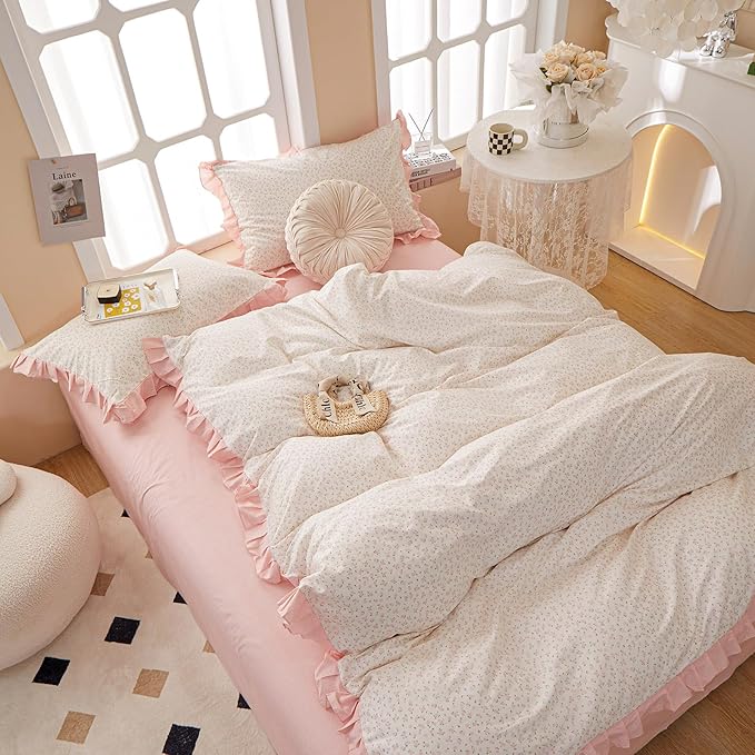 Pink Floral Comforter Set Queen Romantic Girls Ruffle Lace Bedding Set Queen Fluffy Soft Botanical Flowers Comforter with 2 Pillowcases Lightweight Bedding Cottagecore Comforter Set for All Season