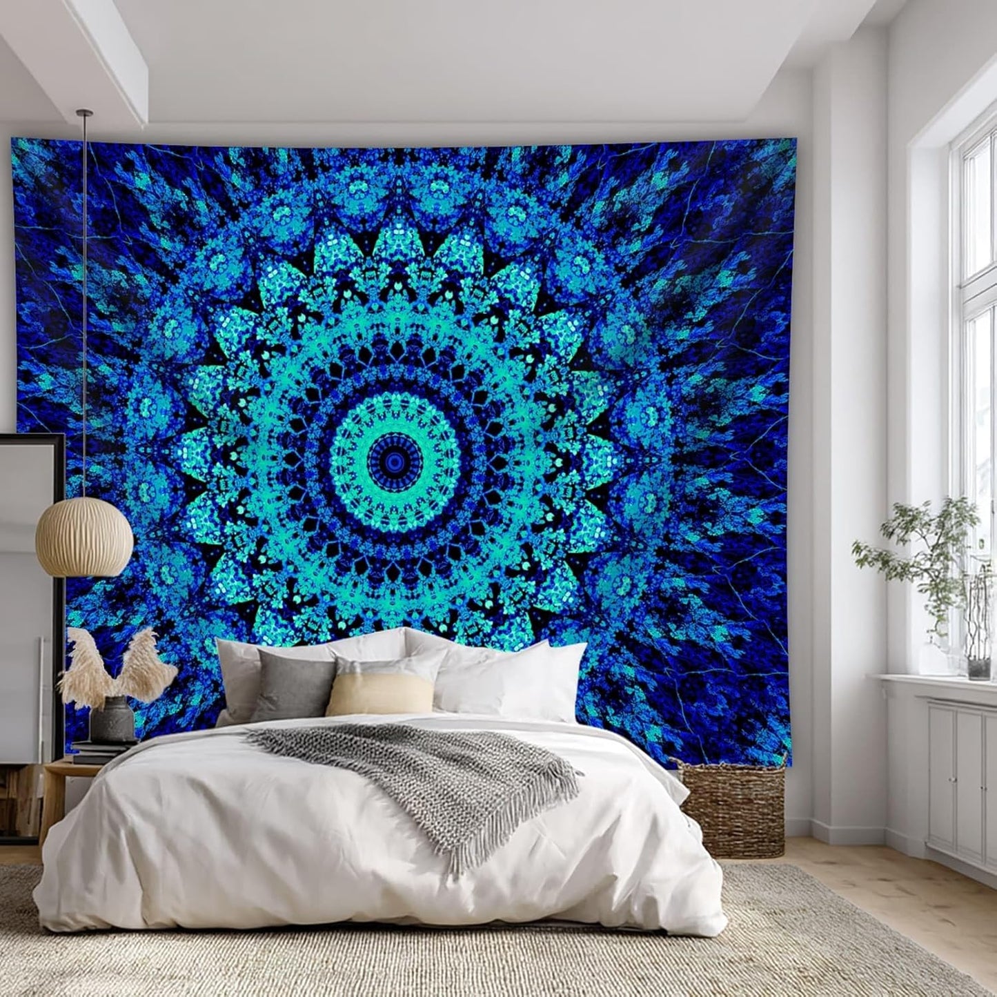 PSYHILAR Blacklight Mandala Tapestry for Bedroom, Black Light Posters for Adults and Teens, Neon UV Reactive Aesthetic Bohemian Wall Art Decor (60 x 50 Inches)