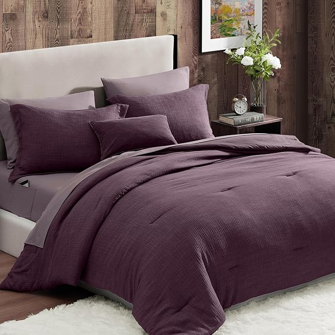 Geniospin Purple Full Comforter Set - 7 Pieces Eggplant Comforter Full Size, Solid Bedding Set for All Season, Textured Bed in a Bag with Sheets