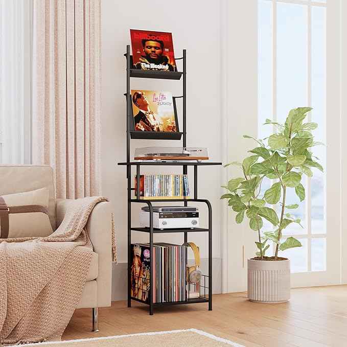 Record Player Stand with Vinyl Storage - 6-Tier Turntable Table with Adjustable Feet, Metal & Wood Cabinet - Console Organizer Display Shelf for Living Room, Apartment