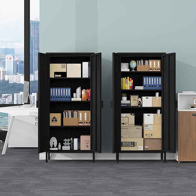 COFaR 4 Tier Black Metal Storage Cabinet, Free Standing with 2 Doors, 3 Adjustable Shelves and Legs, Cupboard Metal Cabinet for Living Room, Kitchen, Dining Room, Office