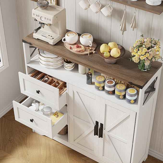 Vabches Farmhouse Buffet Sideboard Cabinet with Drawers and Open Shelf, 38.5" Storage Cabinet with Adjustable Shelves and Door, Modern Coffee Bar Hutch Pantry for Kitchen, Living Room, Entryway, White
