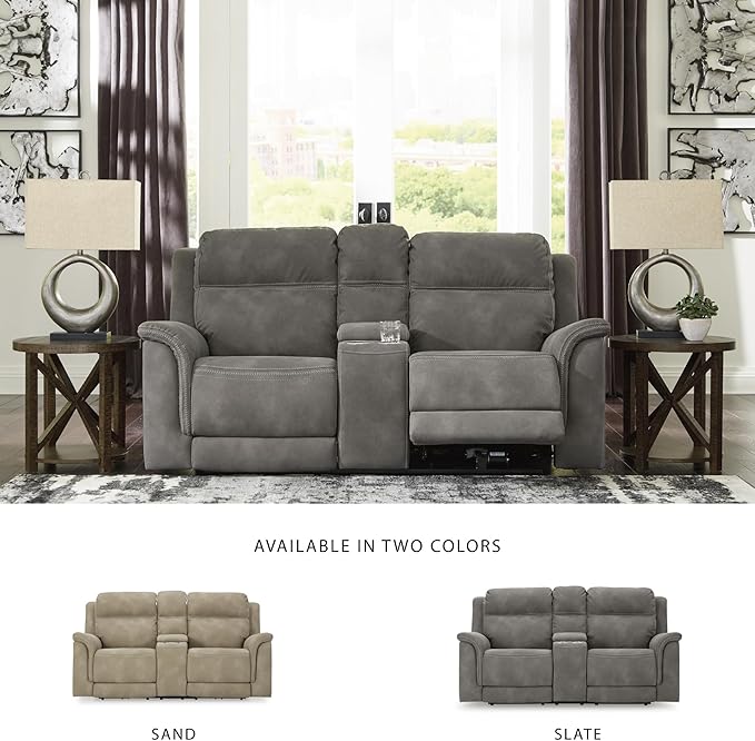 Signature Design by Ashley Next-Gen DuraPella Power Reclining Loveseat with Console & Adjustable Headrest, USB, Faux Leather, 76" W x 42" D x 42" H, Slate