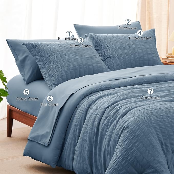 CozyLux Grayish Blue Full Size Comforter Sets with Sheets 7 Pieces, Dusty Blue Seersucker Bed in a Bag Textured Luxury Soft Bedding Set with Down Alternative Comforter, Sheets, Pillowcases & Shams
