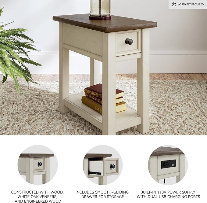 Signature Design by Ashley Bolanburg Chair Side End Table , USB Charging Ports, Drawer, Oak Wood, 14" W x 24.13" D x 24.13" H, 2-Tone Light Brown & Whitewash