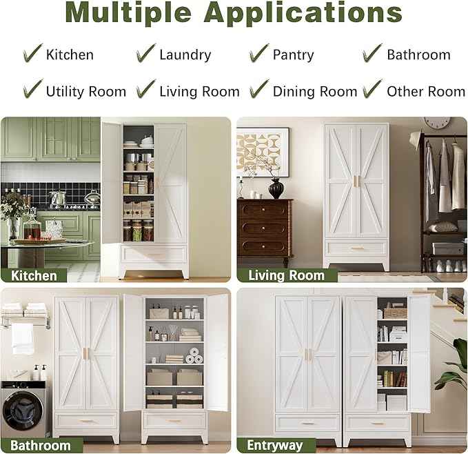 COFaR Metal Storage Cabinet, Farmhouse Storage Cabinet with 2 Doors and 4 Adjustable Shelves - 71" White Kitchen Pantry Storage 5-Tier Tall Steel Cabinets Locker for Kitchen, Living Room, Dining Room