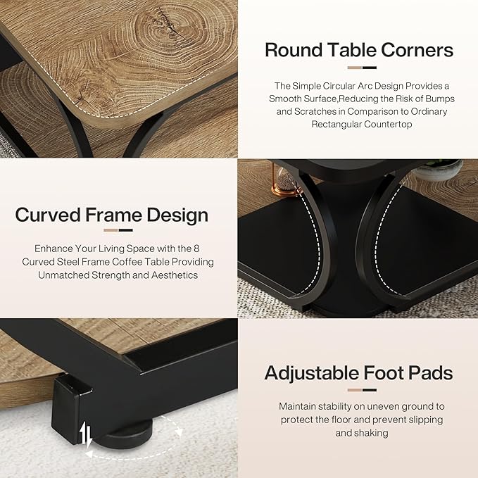 Tribesigns Square Coffee Table with Open Storage Shelf for Living Room, 39 Inch Large Wood Center Table 2 Tier Low Coffee Tables Farmhouse Tea Table with Metal Frame for Home Office, Black Light Brown