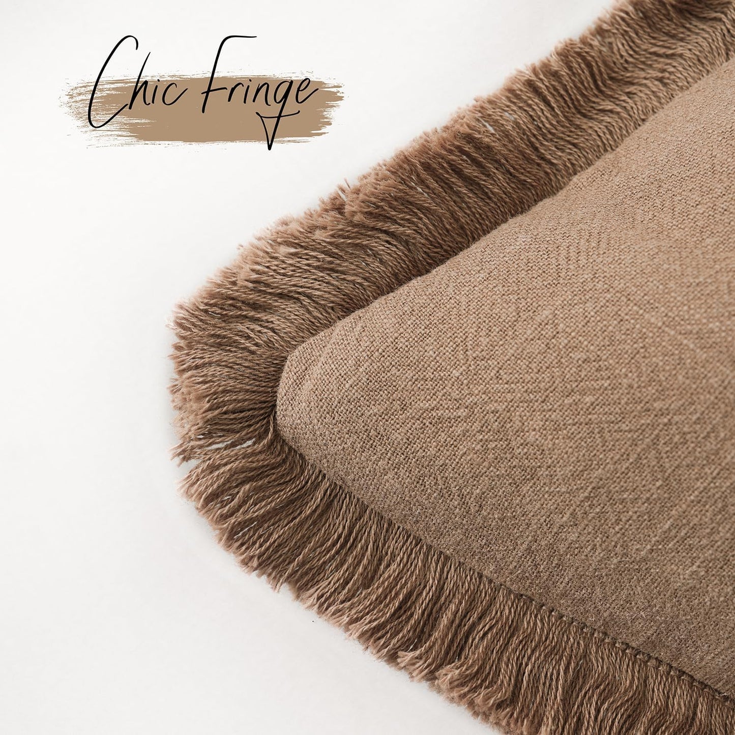 Foindtower Set of 2 Decorative Linen Fringe Throw Pillow Covers Cozy Boho Farmhouse Cushion Cover with Tassels Soft Accent Pillowcase for Couch Sofa Bed Living Room Home Decor, 24×24 Inch, Khaki Brown