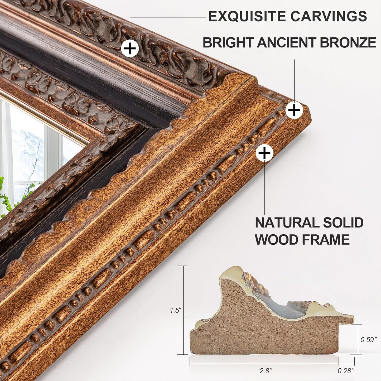 Vintage Accent Mirror 41.5" X 30", Bronze Antique Mirror with Handmade Aging 3D Carvings Wood Frame for Entryway, Living Room, Bathroom and Bedroom