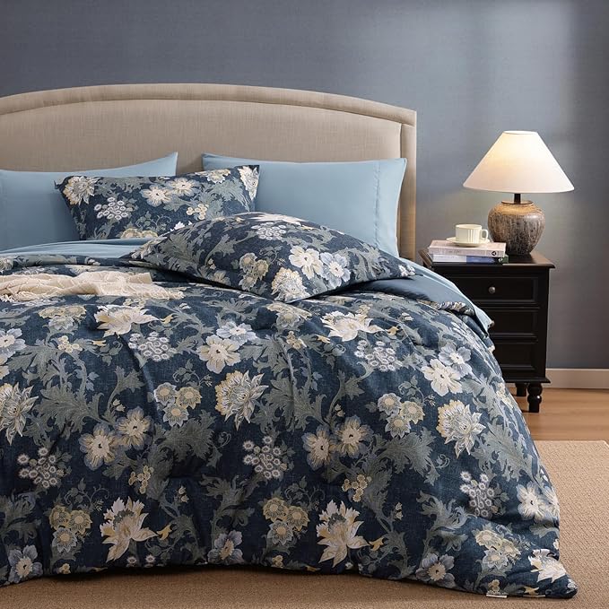 King Comforter Set -7 Pieces Floral Antique Blue Comforter Set for All Seasons, Bed in a Bag King with Botanical Flowers Comforter, Sheets, Pillowcases & Shams