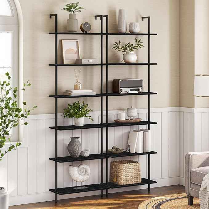 HOOBRO DIY Ladder Shelf, 6-Tier Wall Mounted Bookshelf, Office Vertical Bookcase, Wooden Storage Shelves for Home Office, Bedroom, Black BB65CJ01