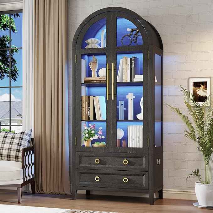 Arched Curio Cabinet with Glass Doors, 4-Tier Display Cabinet with 2 Drawers, Tall Bookcase with 3 Color Lights, Display Case, Kitchen Pantry (Black)